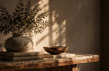 An arched sunlit living room with a linen sofa and layered textures